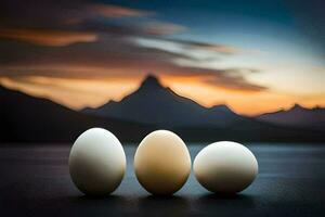 three eggs are sitting on a table with mountains in the background. AI-Generated photo