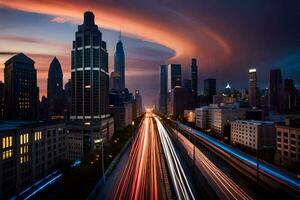 un ciudad horizonte a oscuridad con largo exposición. generado por ai foto