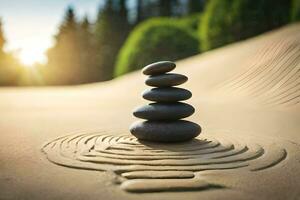 un apilar de piedras en el arena con un zen jardín en el antecedentes. generado por ai foto