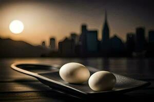 two eggs on a tray with a city in the background. AI-Generated photo