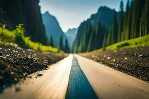 un la carretera en el montañas con arboles y montañas en el antecedentes. generado por ai foto