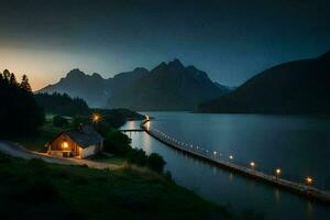 photo wallpaper the sky, mountains, water, house, lake, the house, the lake,. AI-Generated