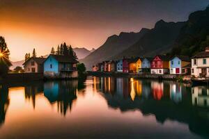 vistoso casas en el bancos de un río a puesta de sol. generado por ai foto