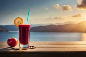 a glass of juice with an apple and a cherry on a table in front of the ocean. AI-Generated photo