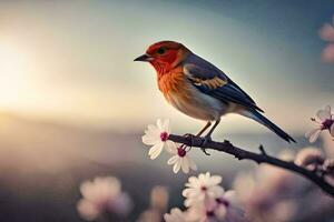 a bird sits on a branch with flowers in the background. AI-Generated photo