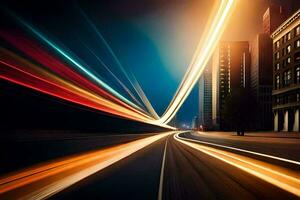 un ciudad calle a noche con ligero caminos. generado por ai foto