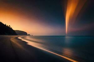 a long exposure photograph of a long line of light coming from the ocean. AI-Generated photo