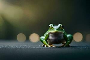 a frog sitting on the ground with blurry lights behind it. AI-Generated photo