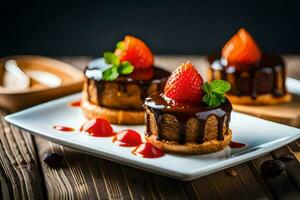 Tres pequeño pasteles con chocolate y fresas en un blanco lámina. generado por ai foto