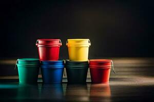 a group of colorful plastic buckets on a dark surface. AI-Generated photo