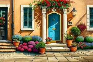 a painting of a colorful house with flowers and potted plants. AI-Generated photo