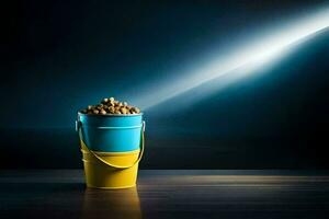 a bucket filled with nuts on a table. AI-Generated photo