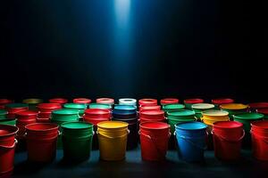 many colorful buckets are lined up in a row. AI-Generated photo