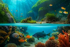 submarino escena con pescado y coral. generado por ai foto