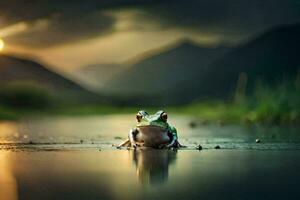 un rana es sentado en el agua en frente de un montaña. generado por ai foto