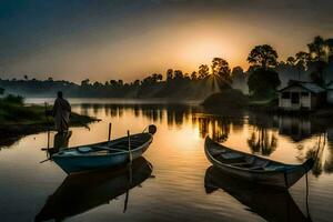 two boats sit on the water at sunrise. AI-Generated photo