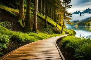 wooden path leading to a lake surrounded by trees. AI-Generated photo