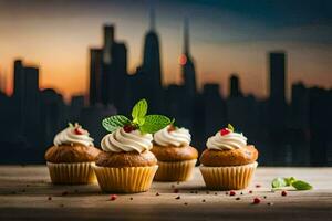 cupcakes with frosting and mint leaves on a table. AI-Generated photo