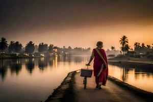 a woman in a red sari walks along the water with a basket. AI-Generated photo