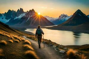 un hombre camina en un camino en el montañas. generado por ai foto