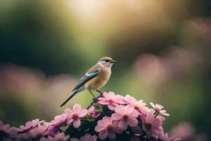 un pájaro es encaramado en parte superior de un rosado flor. generado por ai foto