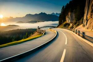 a winding road with mountains in the background. AI-Generated photo