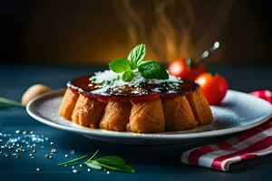 un postre en un plato con un Cereza en cima. generado por ai foto