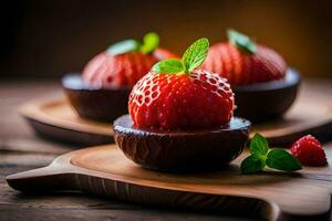 chocolate fresas en un de madera bandeja. generado por ai foto