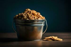 a bucket filled with pretzels on a table. AI-Generated photo