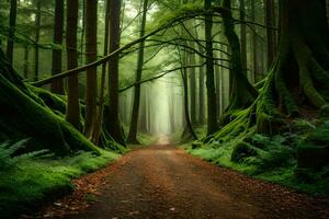 a dirt road in a green forest with trees and moss. AI-Generated photo