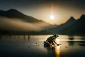 a frog sitting on the shore of a lake at sunset. AI-Generated photo