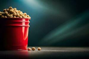 a red bucket filled with popcorn on a dark table. AI-Generated photo