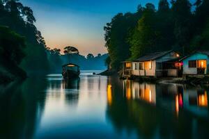 a boat is docked on the river at dusk. AI-Generated photo