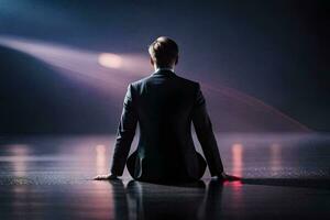 a man in a suit sits on the floor in front of a spotlight. AI-Generated photo