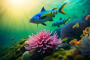 fish swimming in the ocean with coral and anemones. AI-Generated photo