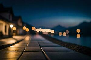 a long walkway with lights on the side of it. AI-Generated photo