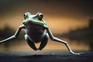 a frog is jumping in the air. AI-Generated photo