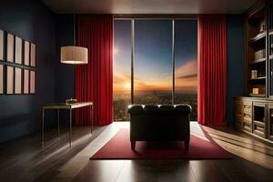 a room with a view of the city at sunset. AI-Generated photo