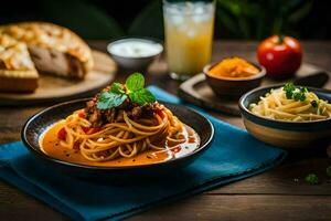 spaghetti with meat sauce and vegetables on a wooden table. AI-Generated photo