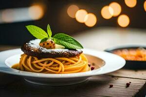 espaguetis con carne y salsa en un lámina. generado por ai foto
