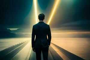 the man in a suit is standing on a bridge with a light shining in the distance. AI-Generated photo