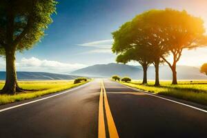 an empty road with trees and grass in the middle of a field. AI-Generated photo