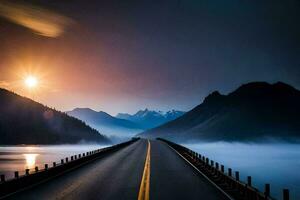 a long road with the sun rising over mountains. AI-Generated photo