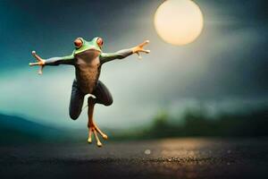 a frog jumping in the air with its legs spread. AI-Generated photo