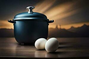 an egg and a pot on a table. AI-Generated photo