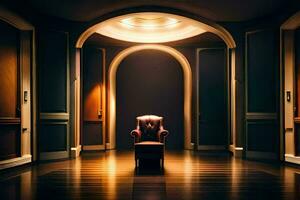 a chair sits in an empty room with a light coming from the ceiling. AI-Generated photo