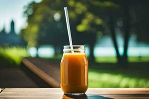 un vaso de naranja jugo sentado en un mesa. generado por ai foto