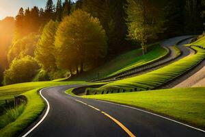 un devanado la carretera en el montañas con arboles y césped. generado por ai foto