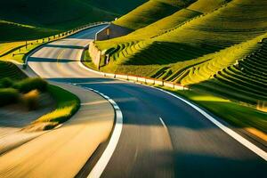 un devanado la carretera en el montañas. generado por ai foto