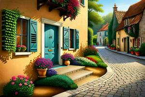 un pintura de un calle con flores y azul puerta. generado por ai foto